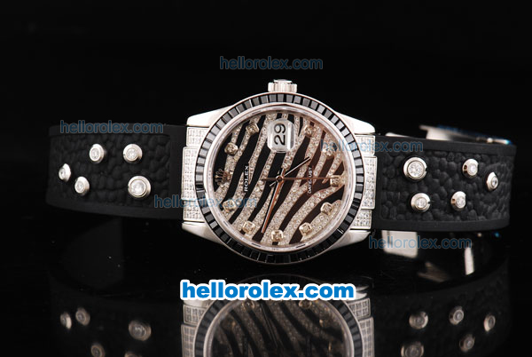 Rolex Datejust Automatic Movement ETA Case with Black Diamond Dial/Hour Marker and Black Diamond Bezel-Black Rubber Strap - Click Image to Close
